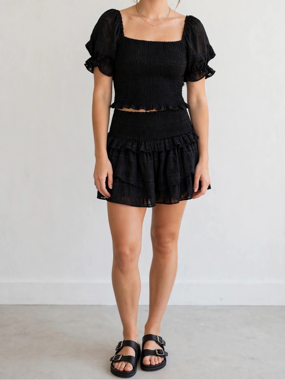 Vestique Black Smocked Ruffle Two-Piece Skirt Set